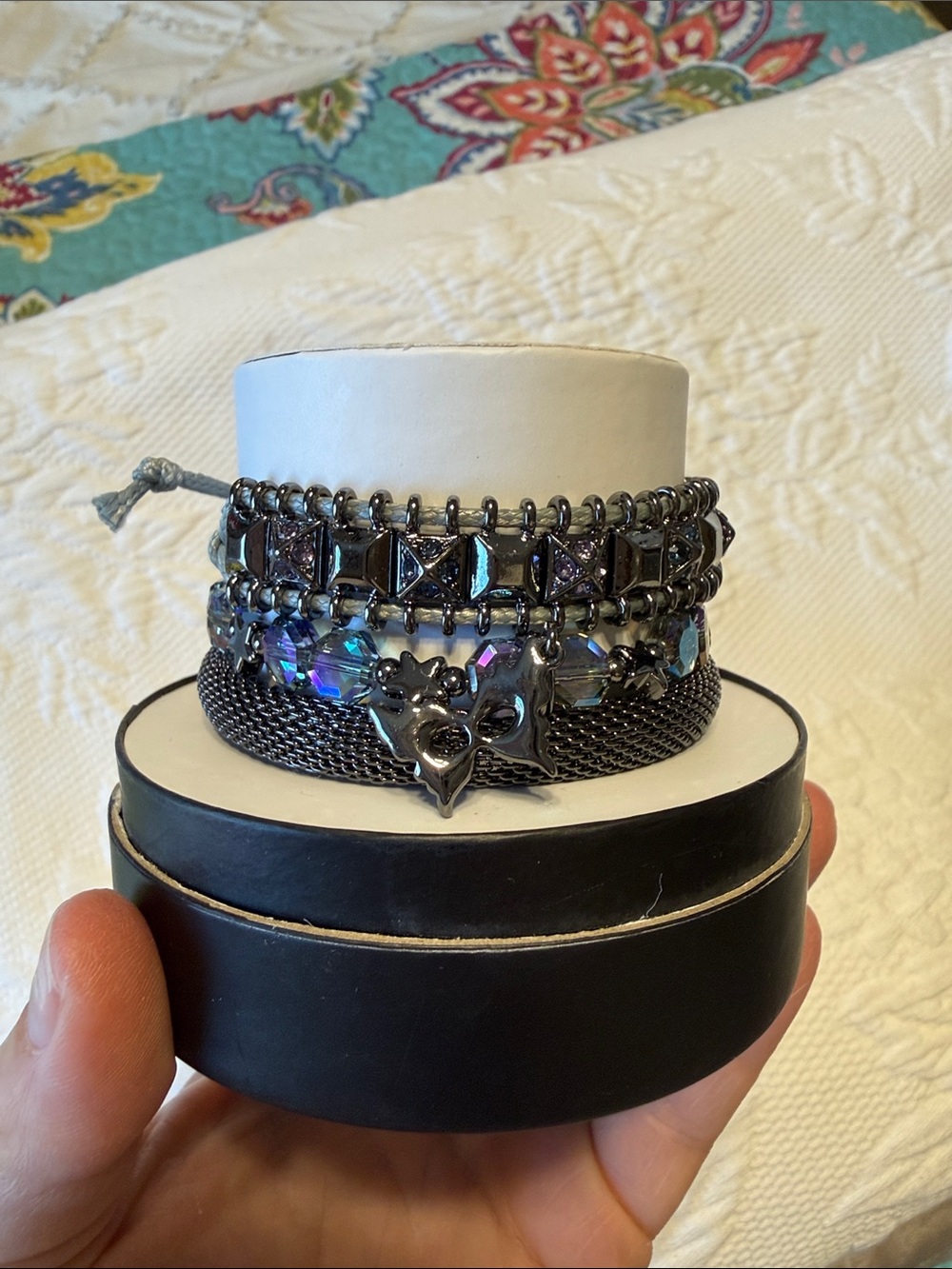 Bomb Party Hematite Bracelet Stack Iridescent Crystals Bow Charm